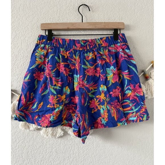 J. Crew Linen Blend Floral Pleated Elastic Shorts Tropical Beachy Blue Resort M - Picture 2 of 8